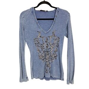 Y2K‎ Thermal Hoodie Shirt Layered Vintage Waffle Cybergrunge Blue V Neck